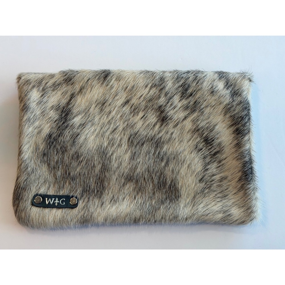W+G Cowhide Clutch Bag Natural Brindle Hair on Hide Envelope Pouch Gray Cream